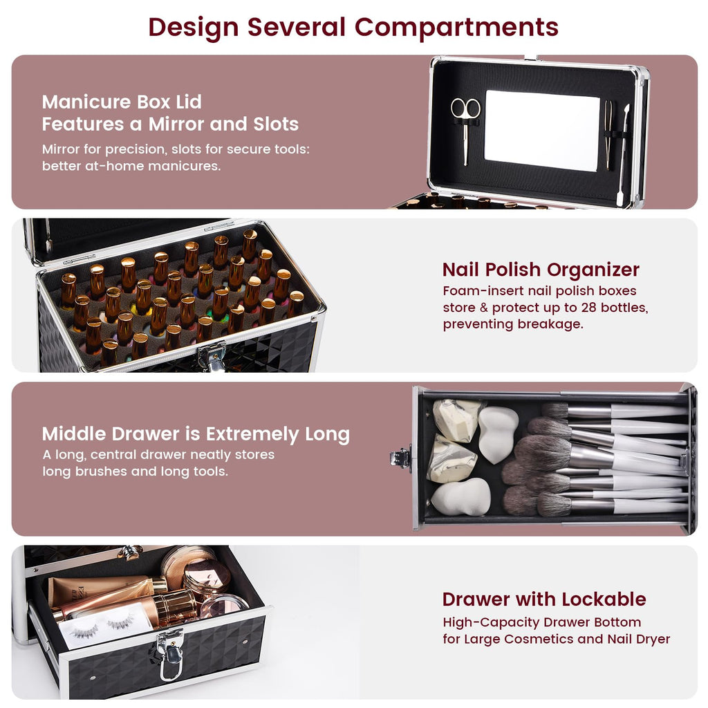 Frenessa Nail Polish Makeup Train Case with Drawer and Dividers Manicure Organizer Accessory Storage Makeup Box With Mirror Lockable Keys Nail Kit Organizer Cosmetic Case Jewelry Box - Black