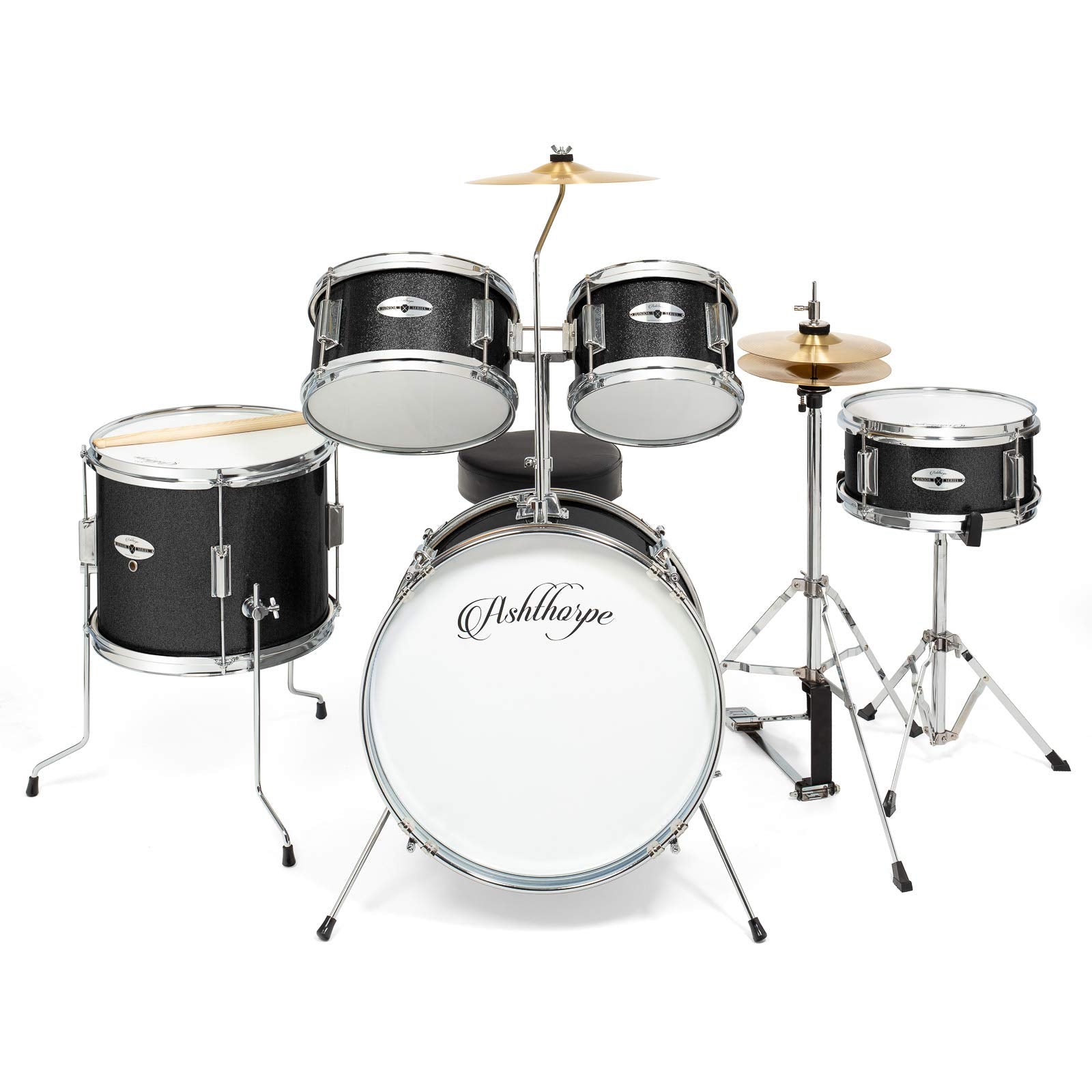 Ashthorpe 5-Piece Complete Kids Drum Set with Genuine Brass Cymbals - Junior Beginner Kit with 16" Bass, Throne, Hi-Hats, Pedals & Drumsticks - Black