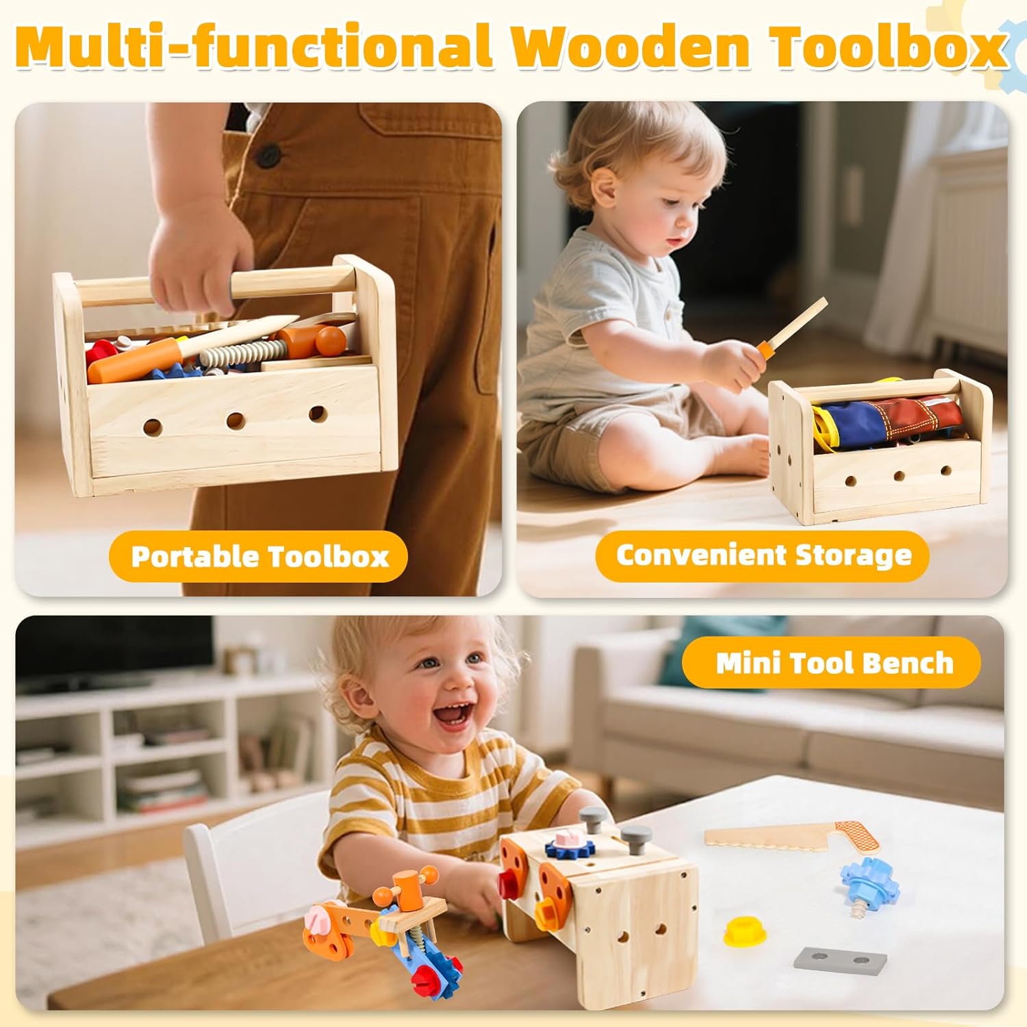 TONZE Kids Tool Set with Apron, 39 PCS Wooden Toddler Tool Bench Box Montessori Toys for 2 3 4 Year Old Boys Girls, Educational STEM Construction Toys Pretend Play Toddler Toys Age 3-5 Birthday Gift