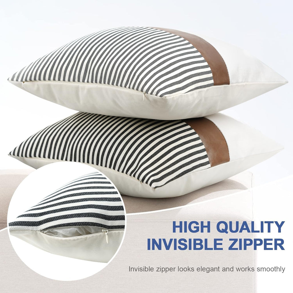 16x16 inch Pillow Covers Set of 2 Farmhouse Decor Stripe Patchwork Linen Throw Pillow Covers Modern Faux Leather Covers for Couch Sofa,Black