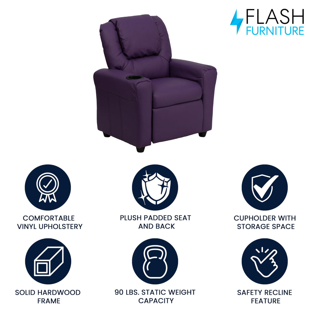 Flash Furniture Vana Vinyl Kids Recliner with Cup Holder, Headrest, and Safety Recline, Contemporary Reclining Chair for Kids, Supports up to 90 lbs., Beige