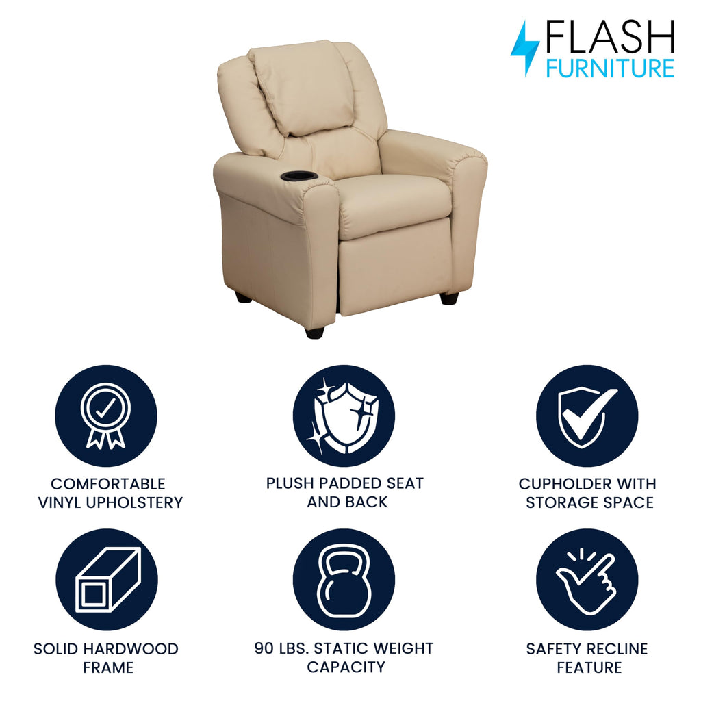 Flash Furniture Vana Vinyl Kids Recliner with Cup Holder, Headrest, and Safety Recline, Contemporary Reclining Chair for Kids, Supports up to 90 lbs., Beige
