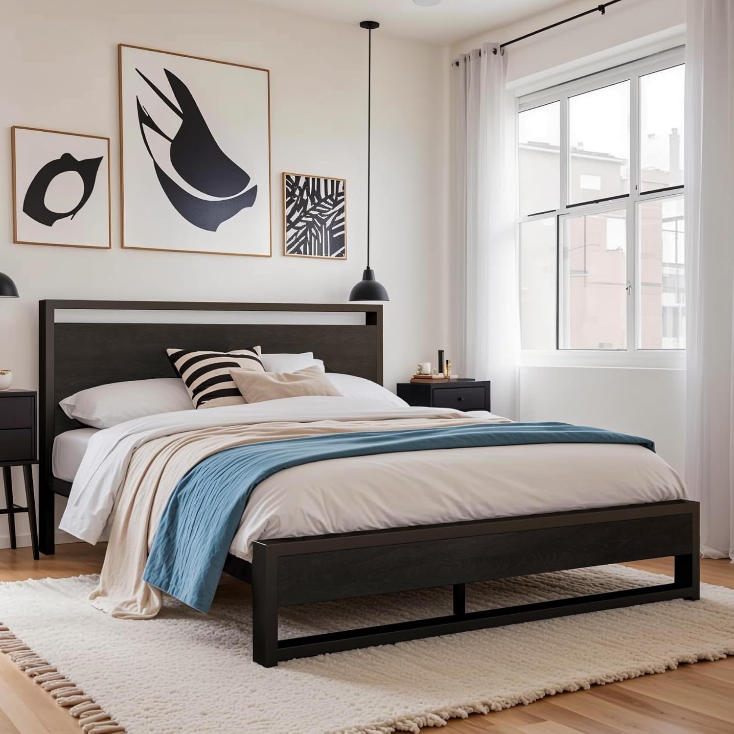 SHA CERLIN Full Size Bed Frame with Wooden Headboard,Heavy Duty Metal Slats Support Platform,No Box Spring Needed,Modern Black