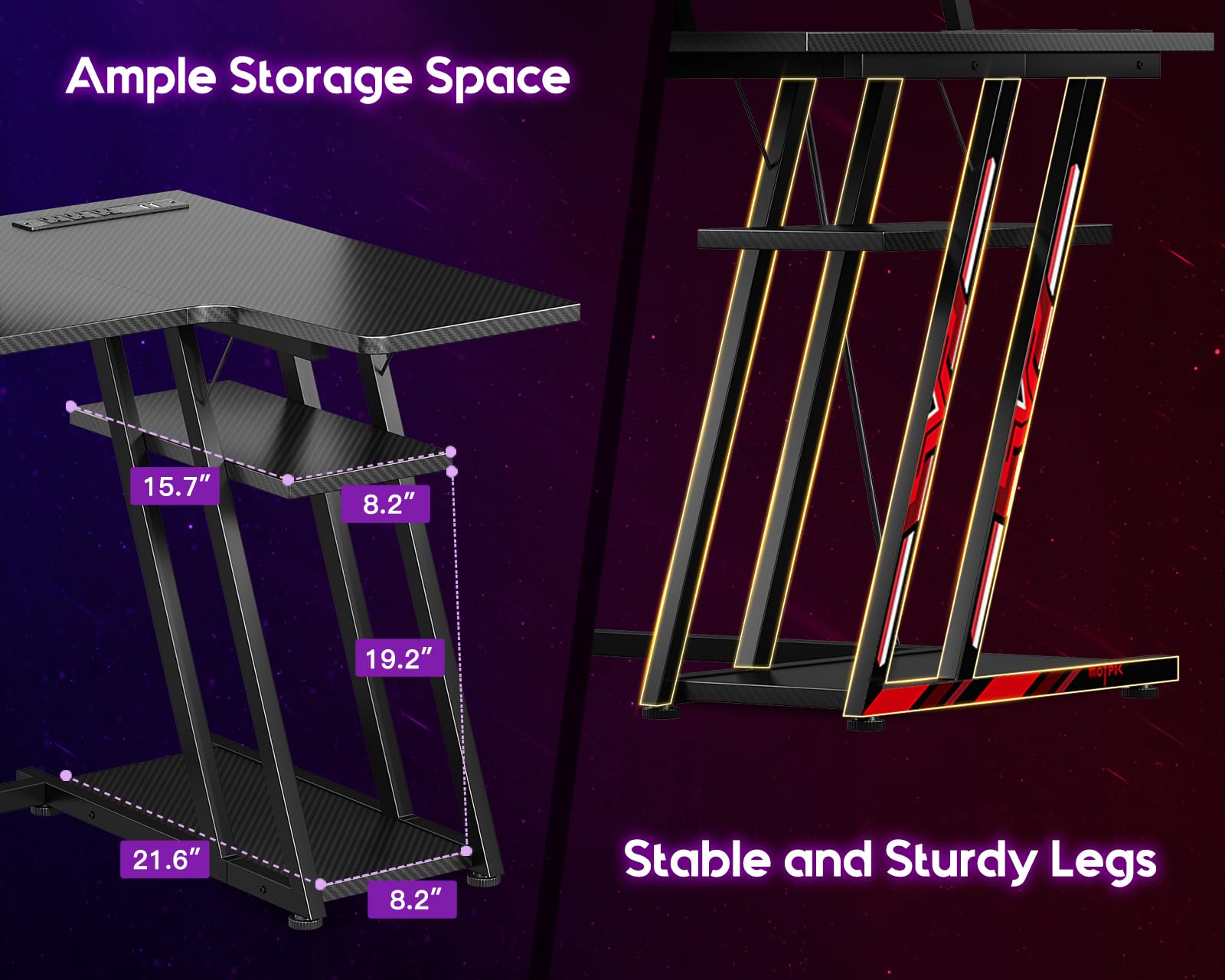 MOTPK Gaming Desk with LED Lights & Power Outlets, 47 Inch L Shaped Computer Desk with Storage Shelf, & Monitor Stand, PC Gaming Table with Carbon Fiber Texture, Black