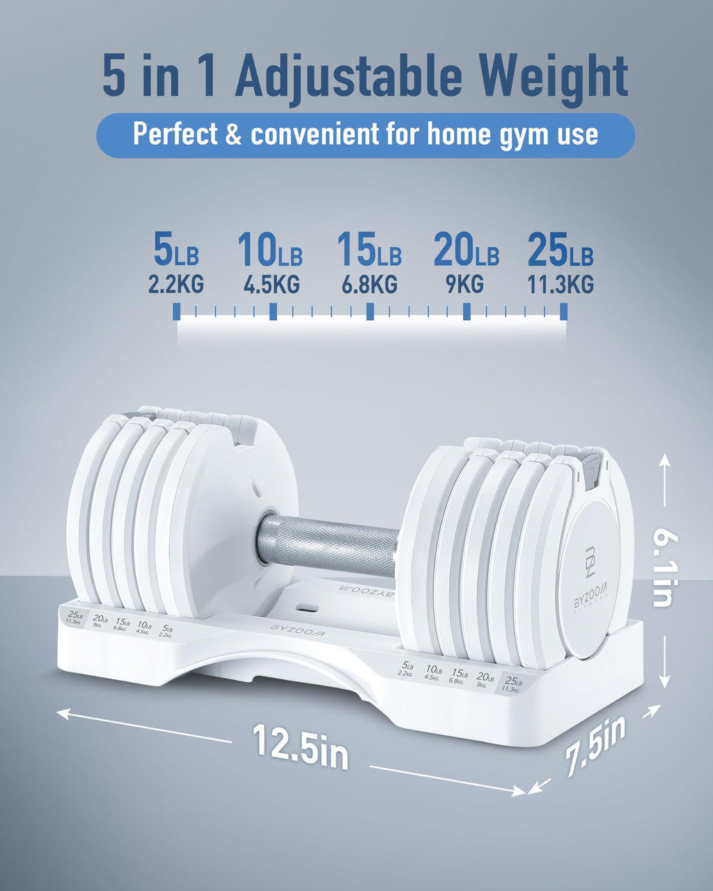 BYZOOM FITNESS Pure Series Adjustable Dumbbell - 12.5/25/27.5/50/55/75lb - ONE UNIT OR PAIR(check QTY before purchase) - 5-in-1/ 10-in-1 / 15-in-1 / 21-in-1 Flexible Hand Weights for Home Apartment Garage Gym, Strength Training & Fitness Workouts, White O