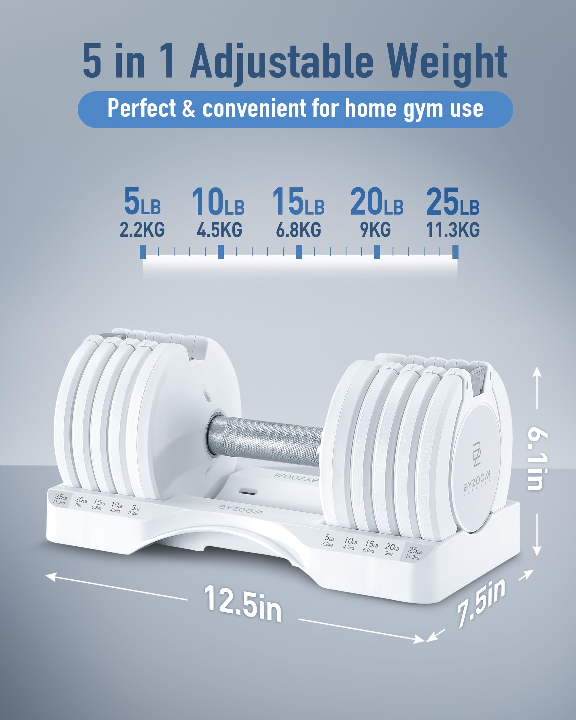 BYZOOM FITNESS Pure Series Adjustable Dumbbell - 12.5/25/27.5/50/55/75lb - ONE UNIT OR PAIR(check QTY before purchase) - 5-in-1/ 10-in-1 / 15-in-1 / 21-in-1 Flexible Hand Weights for Home Apartment Garage Gym, Strength Training & Fitness Workouts, White O
