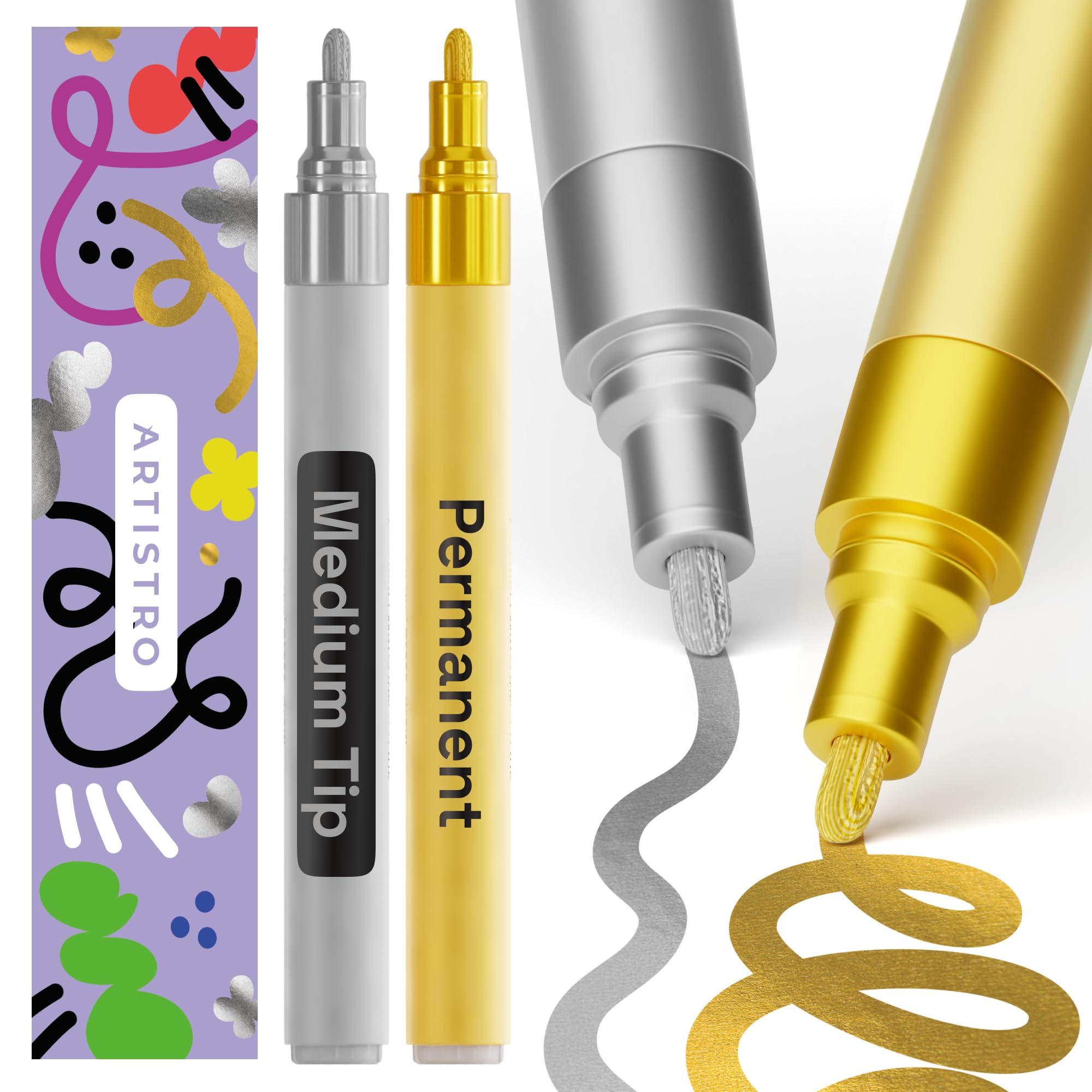 ARTISTRO 2 Black Permanent Marker - Waterproof Markers for Tire, Fabric, Rocks, Glass, Ceramic, Wood, Paper - Oil Based Paint Pens - Medium Tip 3mm