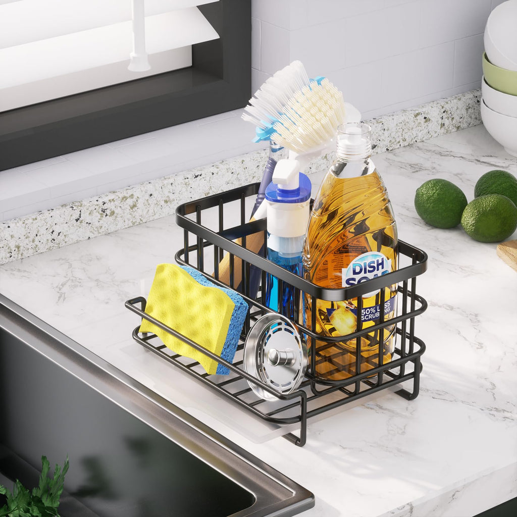 HapiRm Kitchen Sink Organizer, SUS304 Stainless Steel Rustproof Multifunctional Large Sink Caddy with Sponge Holder and Drain Tray for Kitchen Countertop (Silver)