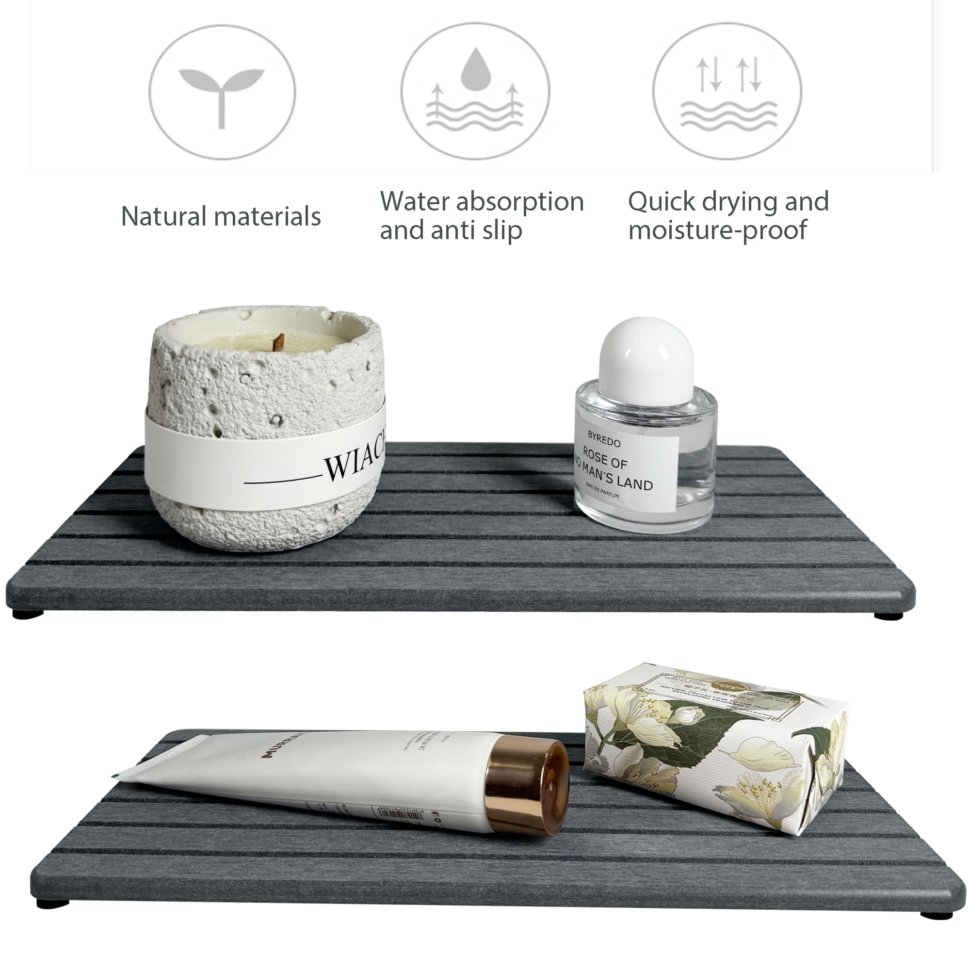NiuYichee 2 PCS Water Absorbent diatomite Coasters, 7.1" x 3.5" Water Absorbing Stone Tray for Sink, Stone Drying mat for Kitchen Counter, Stone soap Tray Used for Hand Soaps & toiletries & Plants