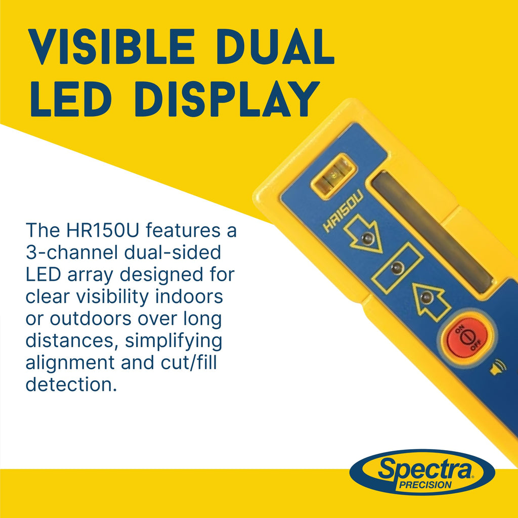 Spectra Precision HR150U Laser Receiver for Interior Leveling with red or green beam rotating lasers. Dual Sided LED Display, Magnetic Mount, Includes Rod Clamp and Alkaline Batteries