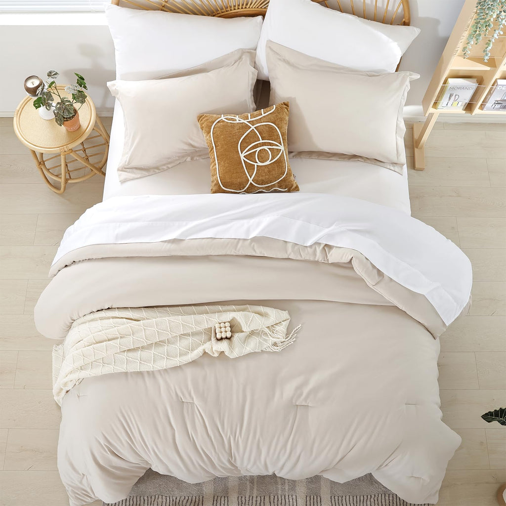 Beige Twin Comforter Set with Sheets - 5 Pieces Bed in a Bag Twin