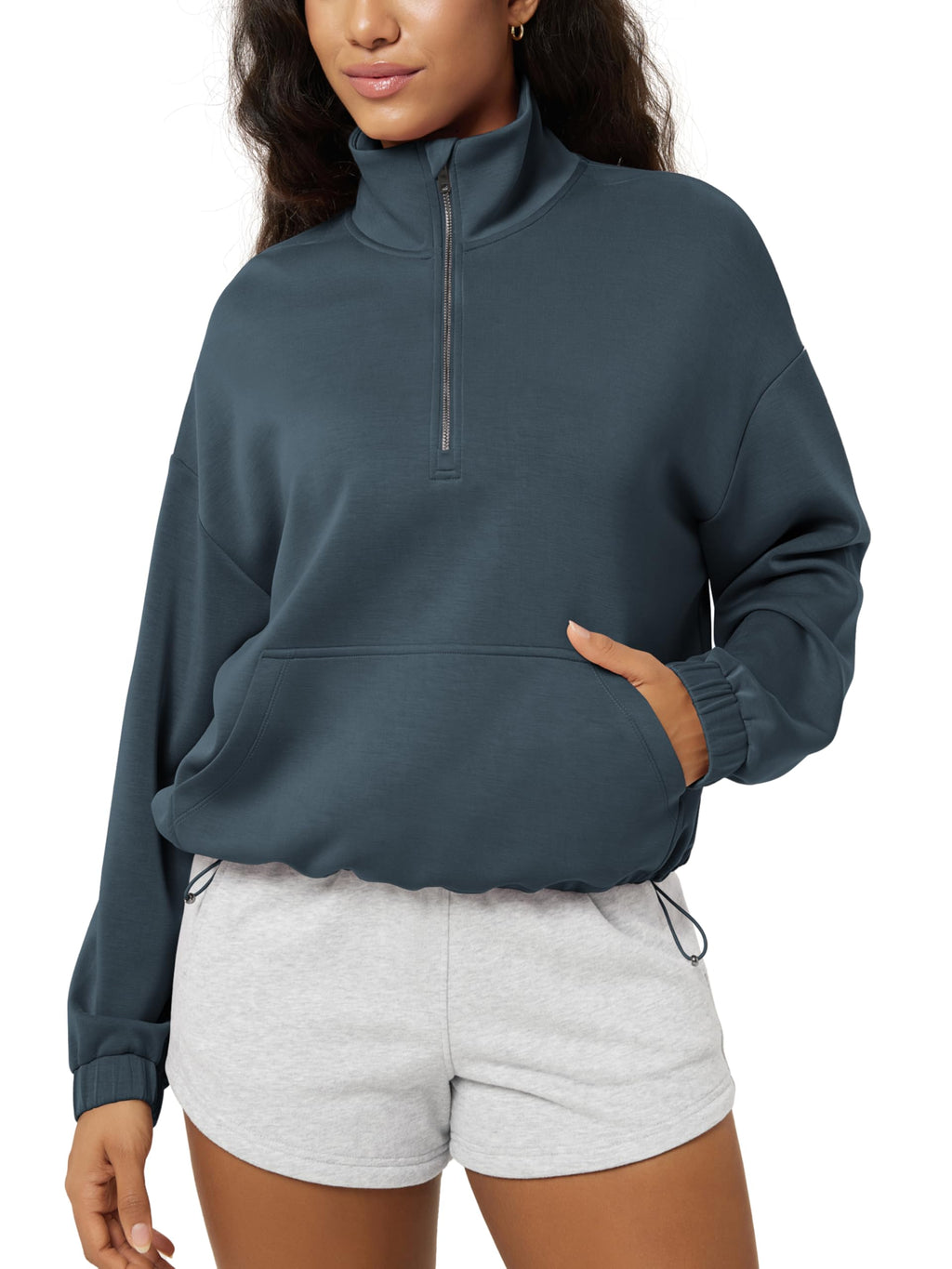 ODODOS Women's Modal Soft Cinchable Sweatshirts Half Zipper Funnel Neck Oversize Pullover with Pockets