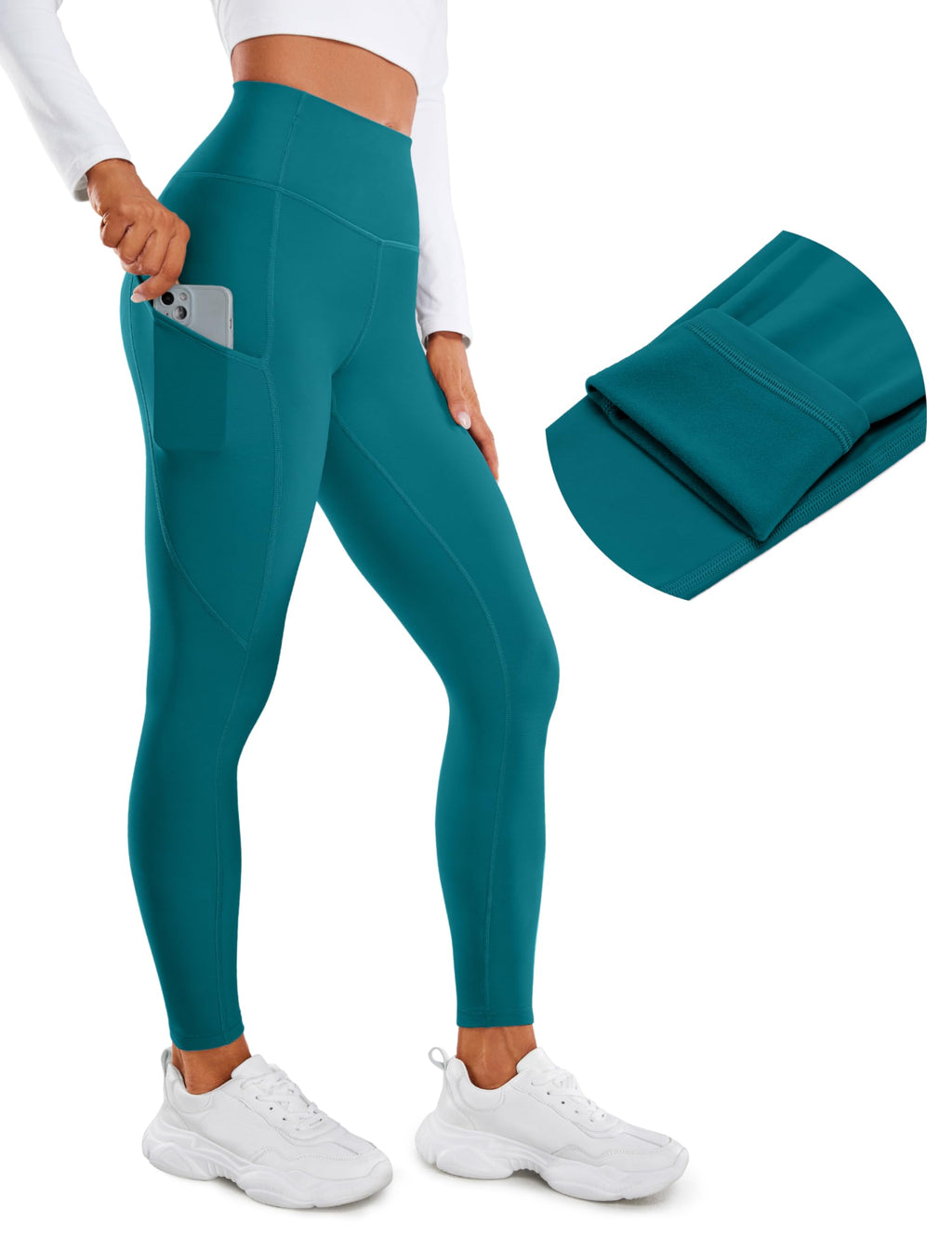 CRZ YOGA Fleece Lined Leggings Pockets 28'' - Thermal Casual Lounge Workout Womens Yoga Full Length Pants Winter Warm