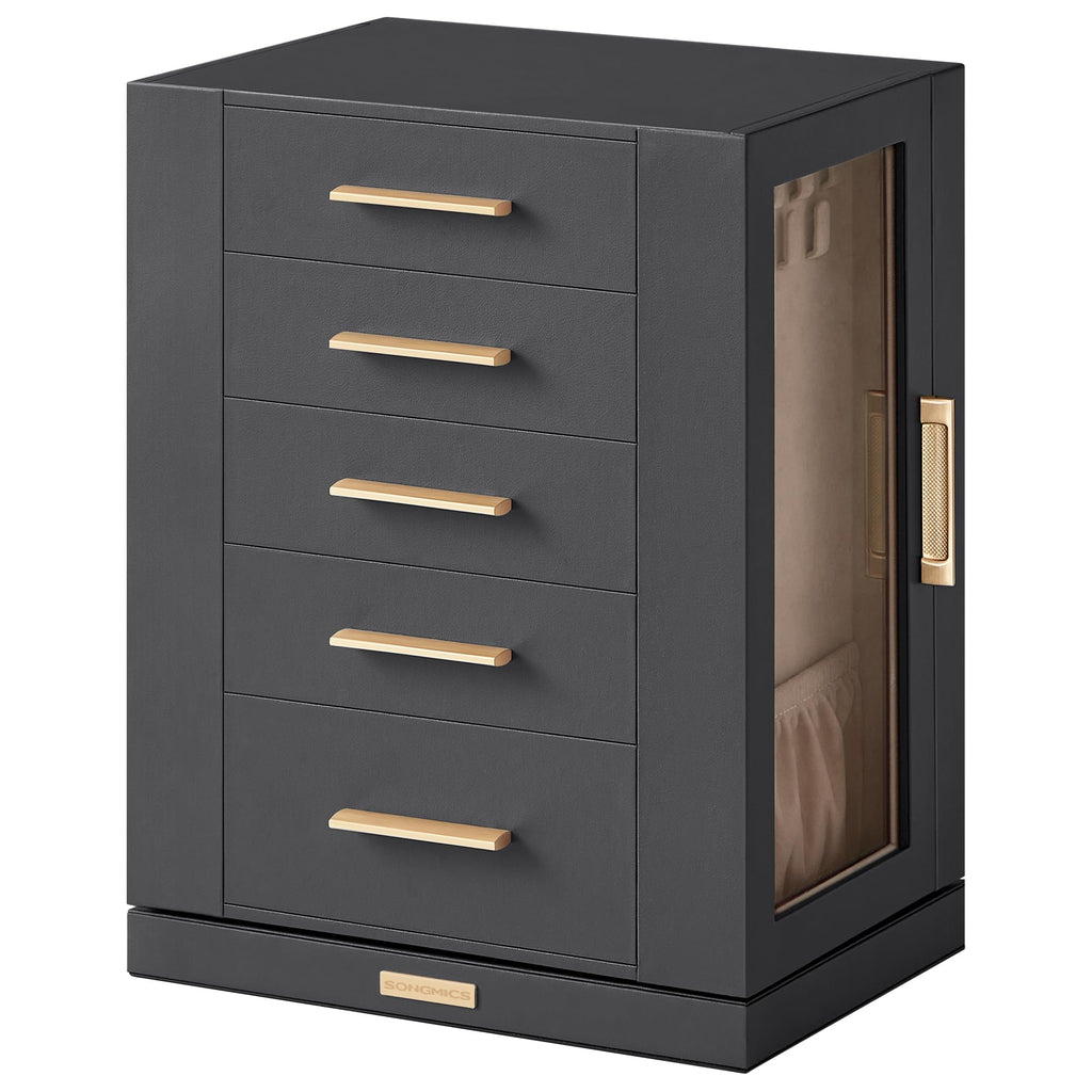SONGMICS GISELLA Collection - Jewelry Box Organizer 360° Rotating, Vertical Jewelry Storage Case with 5 Drawers, Glass Window, Spacious, Open Design, Great Gift, Cloud White UJBC170W01