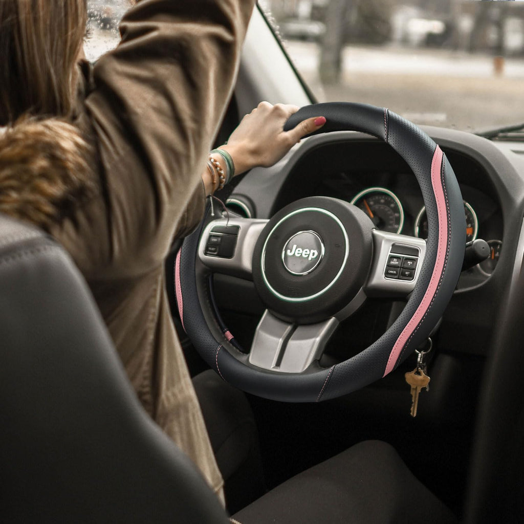 Car Steering Wheel Cover, Leather Steering Wheel Cover Beige Universal 14.5-15 Inch Microfiber Leather Anti-Slip Breathable Auto Steering Wheel Covers for Men Women (Black&Beige)