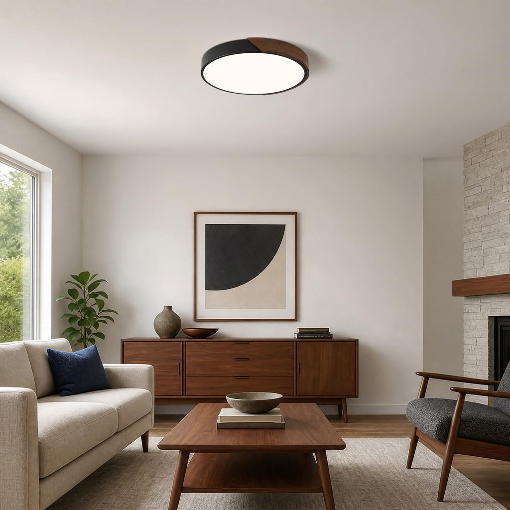 Modern LED Ceiling Light, Minimalist Wood Dimmable Flush Mount Ceiling Light Fixture, Round 5CCT Lighting Lamp with Acrylic Lampshade for Bedroom Hallway Kitchen Laundry, Black 11.8"