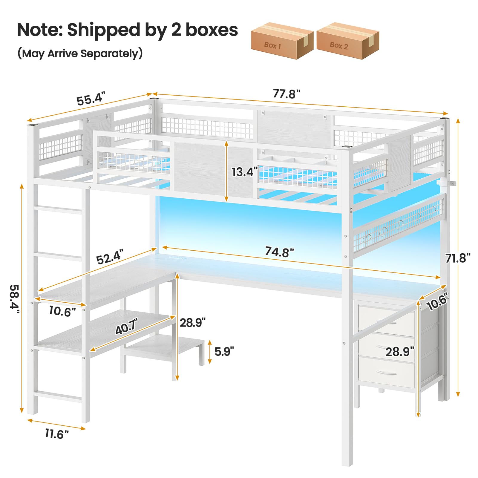 ADORNEVE Loft Bed Full Size with L-Shaped Desk, 3 Storage Drawers, Power Outlet, 3 Storage Shelves, Metal Loft Bed Frame with RGB Lights, Bed with Safety Guardrail & Ladders,Space-Saving, Grey