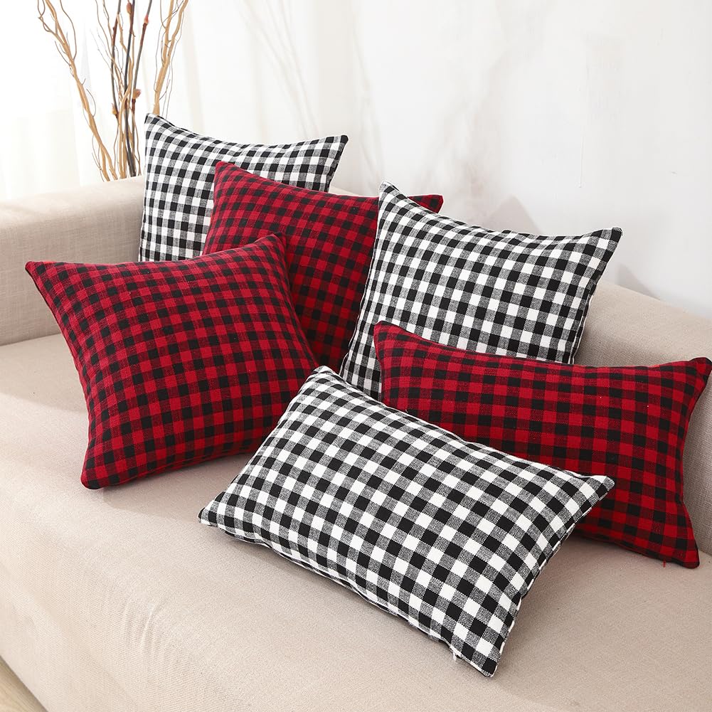CARRIE HOME Black and White Buffalo Plaid Outdoor Pillow Covers 16x16 Set of 2, 16 x 16 Modern Farmhouse Decor Couch Pillows, Black White Winter Christmas Holiday Plaid Pillows (No Pillow Inserts)
