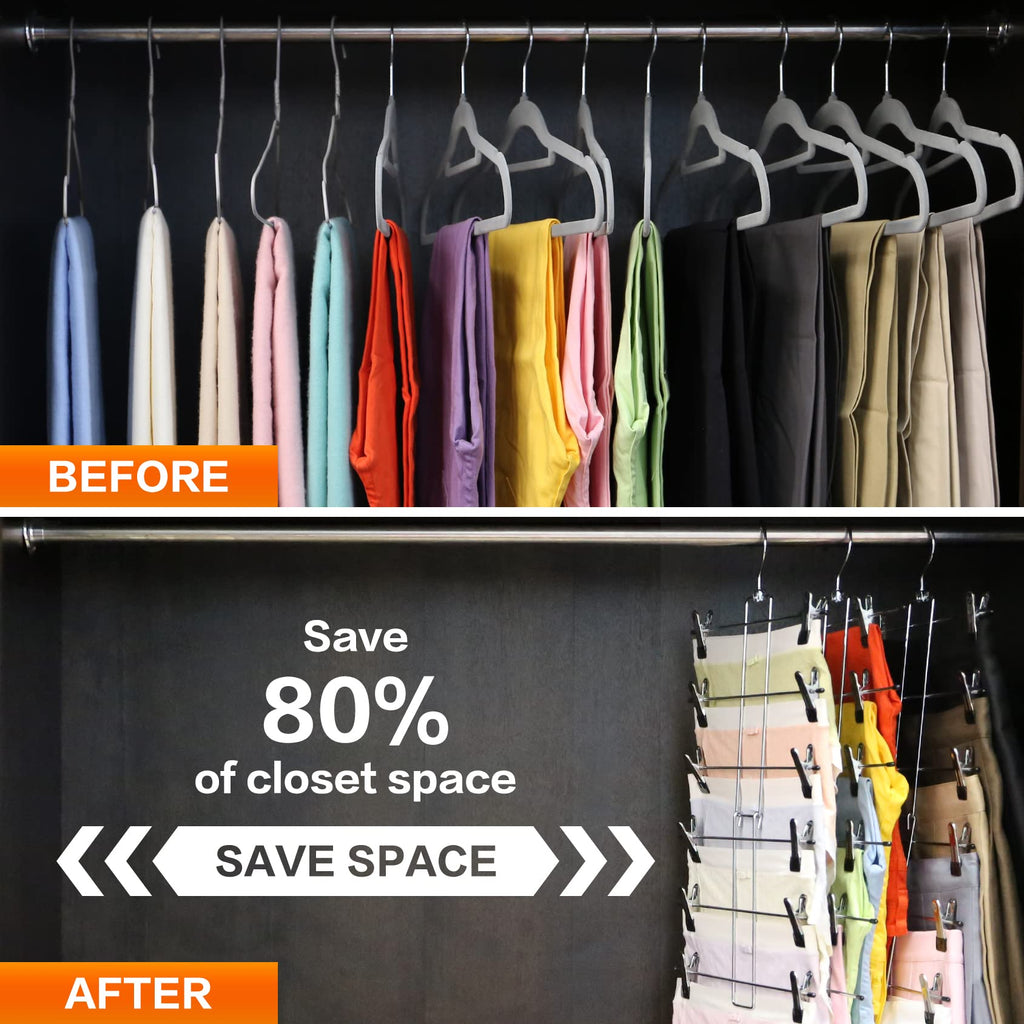 Closet Organizers and Storage, 6 Tier Storage and Organization Pants Hangers Space Saving, Metal Skirt Hangers with Adjustable Clip, 360° Swivel Hook, Dorm Room Essentials for College Students Girls
