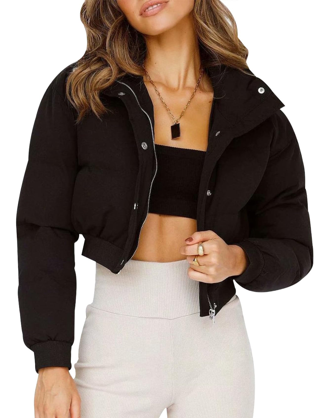 Gihuo Women' s Cropped Puffer Jacket Padded Long Sleeve Bubble Coats Winter Warm Puffy Outerwear