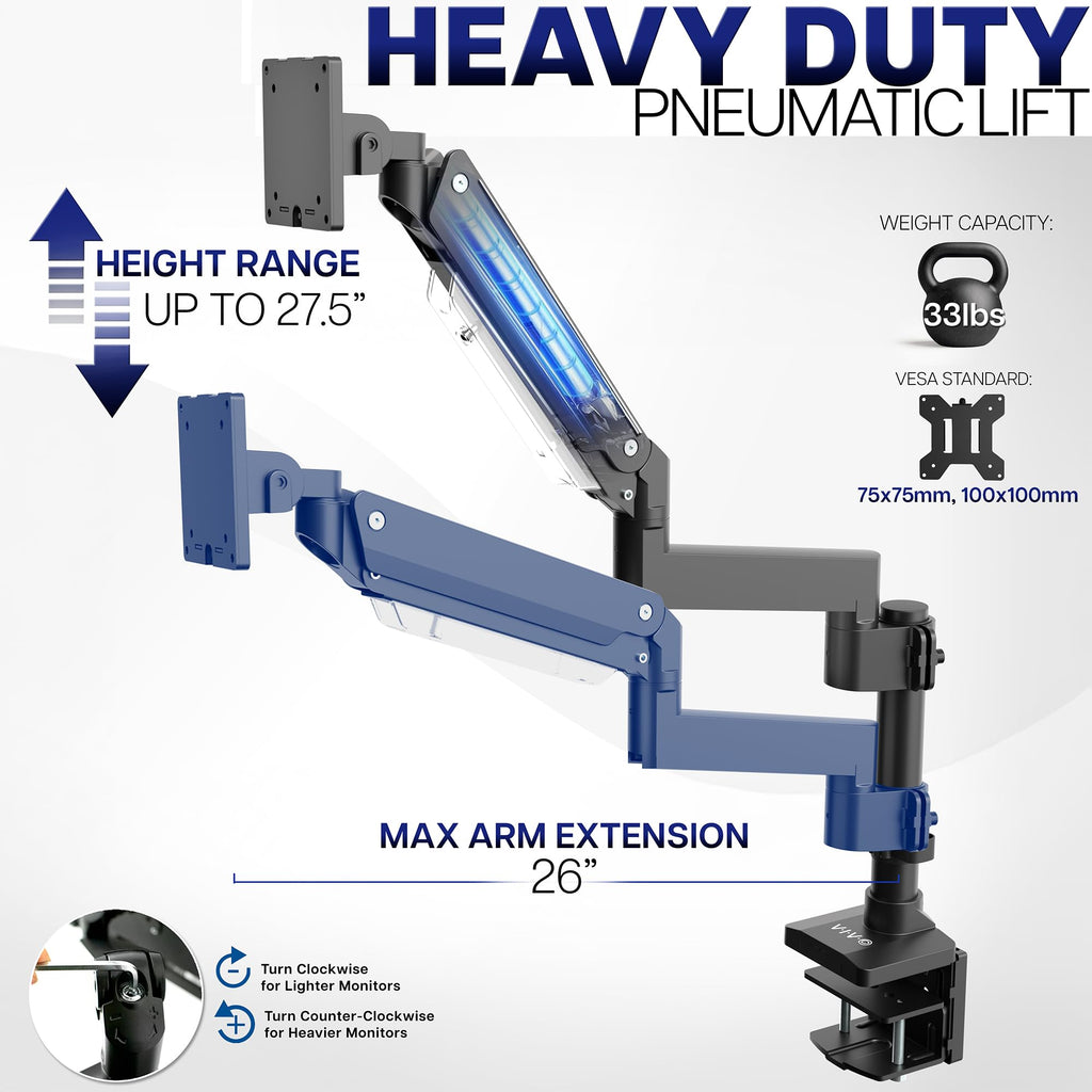 VIVO Premium Aluminum Tall Extended Monitor Arm for Ultrawide Monitors up to 49 inches and 33 lbs, Single Desk Mount Stand, Pneumatic Height Adjusting, Max VESA 100x100, Black, STAND-V101GT