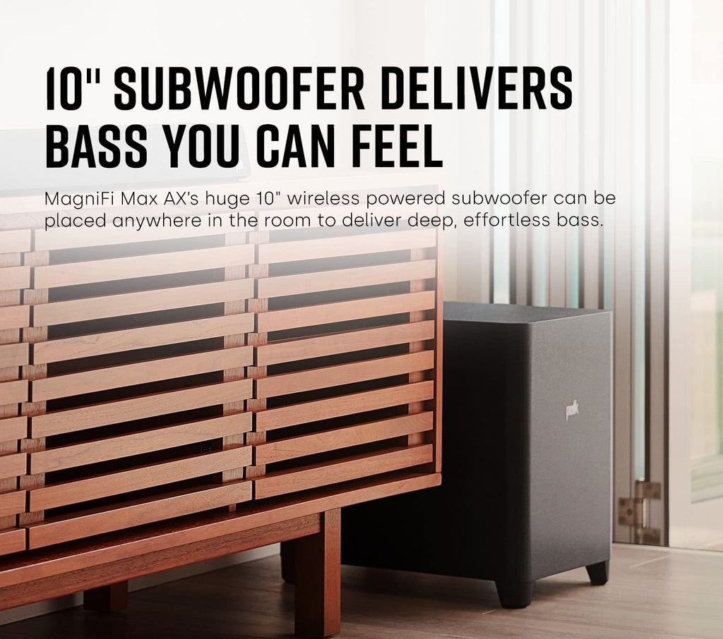 Polk Audio MagniFi Max AX 5.1.2 Channel Sound Bar with 10" Wireless Subwoofer, Dolby Atmos and DTS:X Certified, Polk's Patented VoiceAdjust & SDA Technologies, TV Speakers, Easy Setup, Black