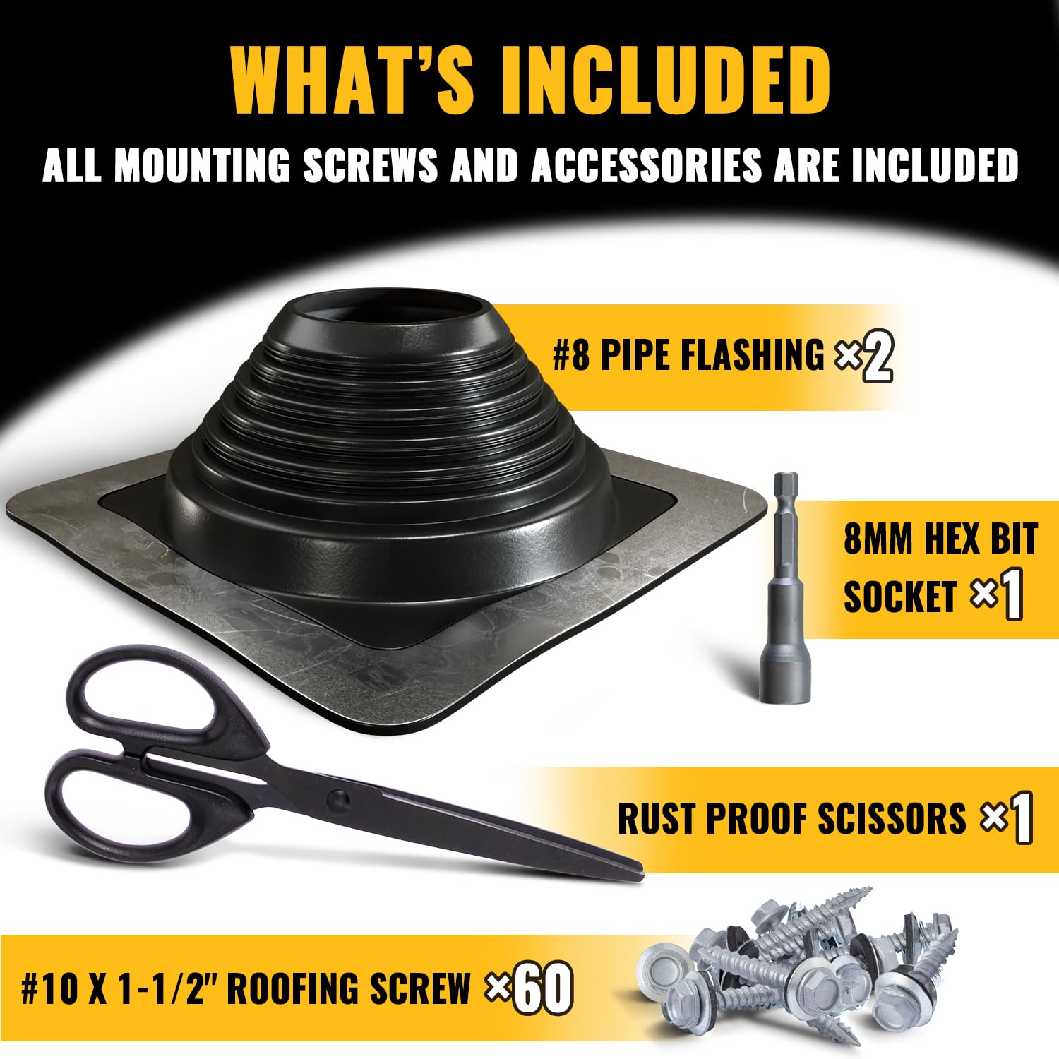 VIVIDA #1 Metal Roof Pipe Flashing, Metal Roofing Pipe Boot Kit, High Temp Silicone Vent Boot, for Tube OD 1/4" to 2", Square Base, Screws & Hex Socket Included, 1 Pack, Black