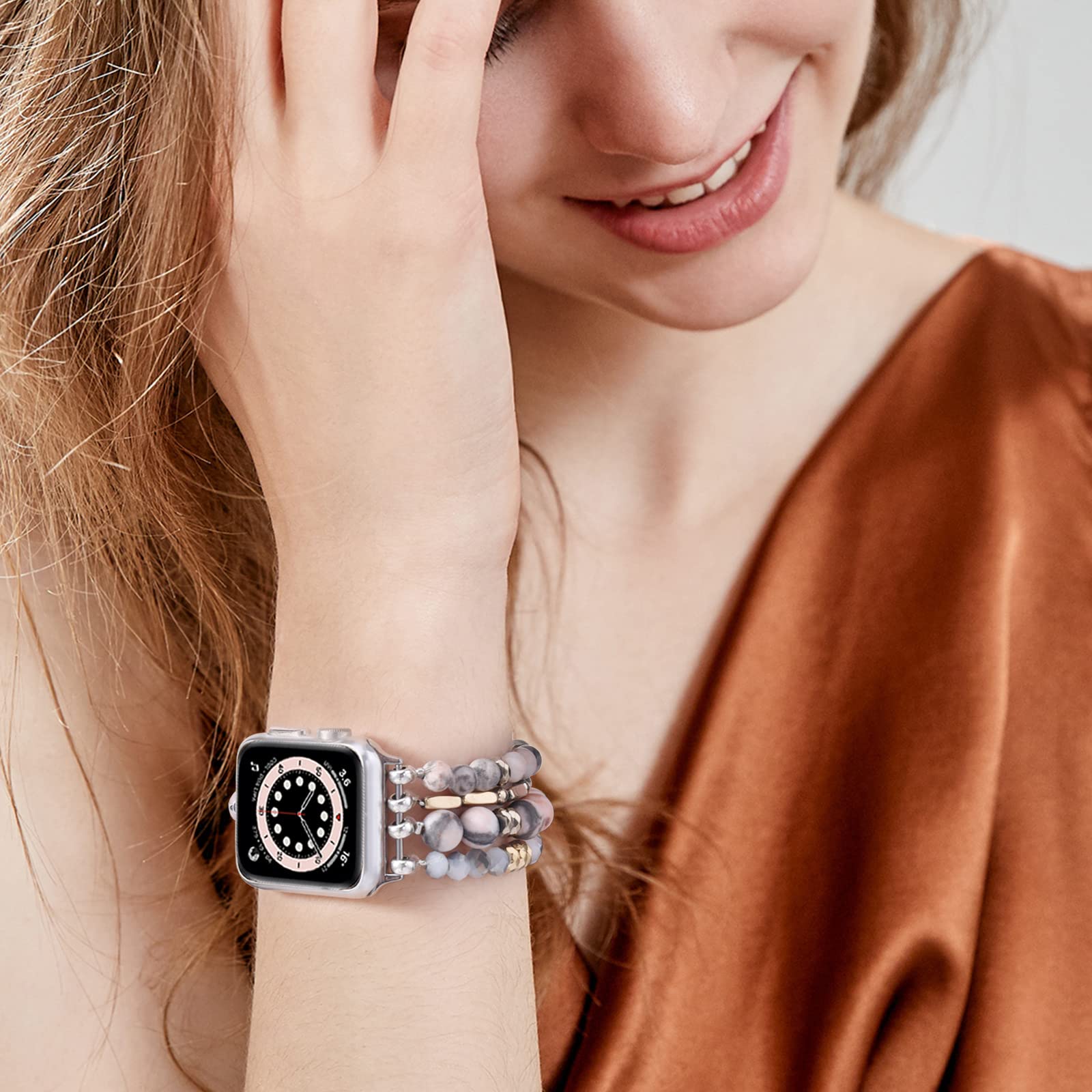 VISOOM Beaded Boho Bracelet Compatible for Apple Watch Band 40mm/38mm/41mm/42mm Series 11 10 9 8 7 SE Series 6/5/4 Women Fashion Cute Handmade Crystal Beads Stretchy Watch Strap for iWatch Bands 3/2/1