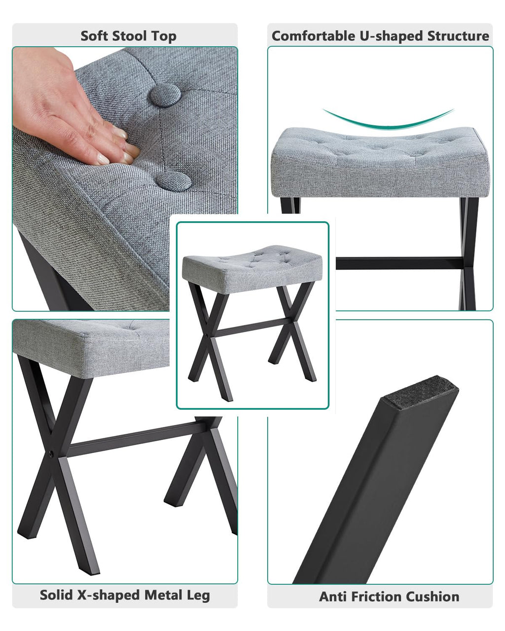 IBUYKE U-Shaped PU Vanity Stool, Square Makeup Chair with X-Leg, Ottoman Seat Footrest Stool, Multi-Use as Small Side Table, for Bedroom, Living Room, Black WBD019B
