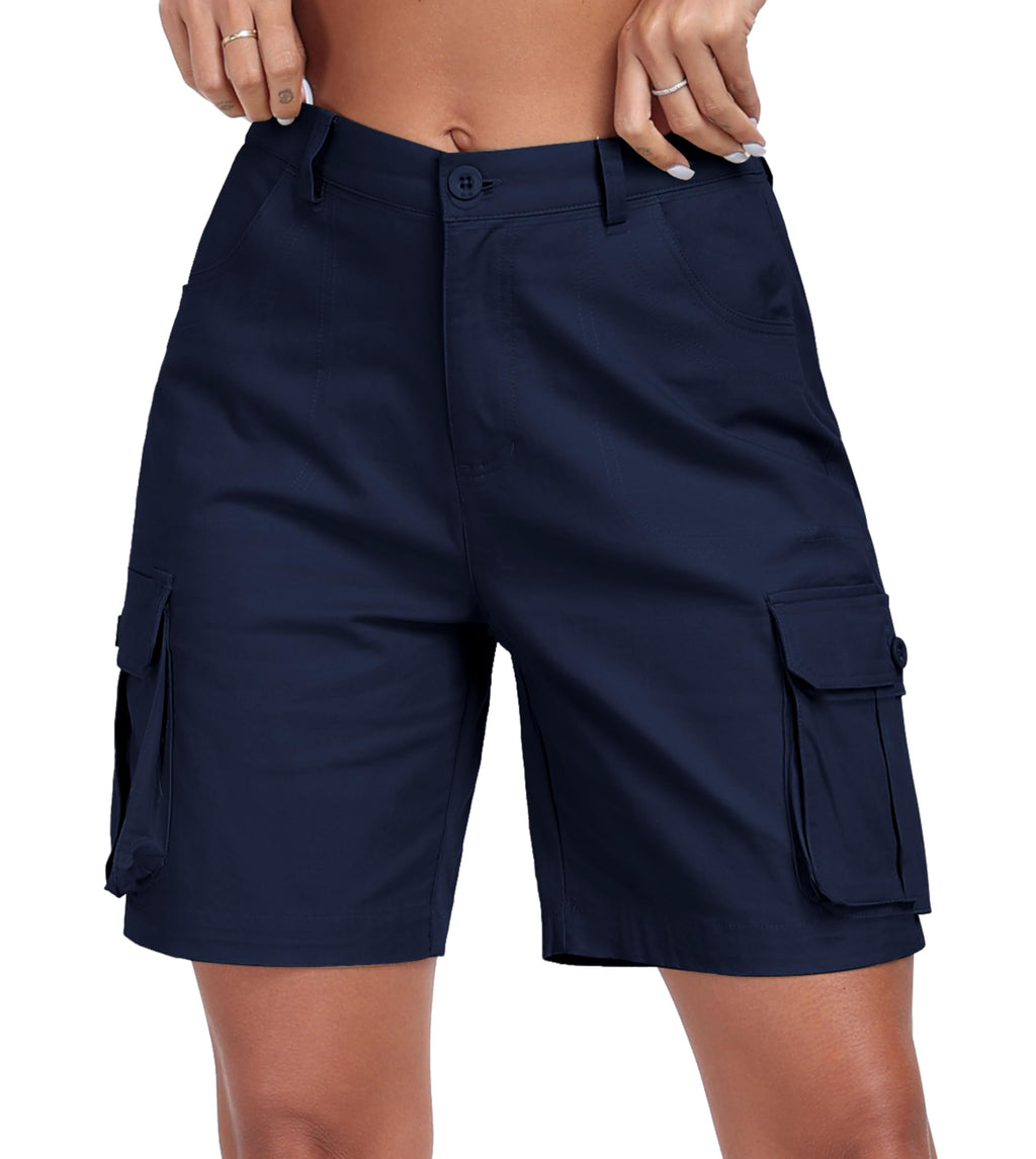 MoFiz Women's Cargo Shorts Bermuda Shorts Button Pockets Elastic Waist Knee Length Long Hiking Casual Shorts for Summer