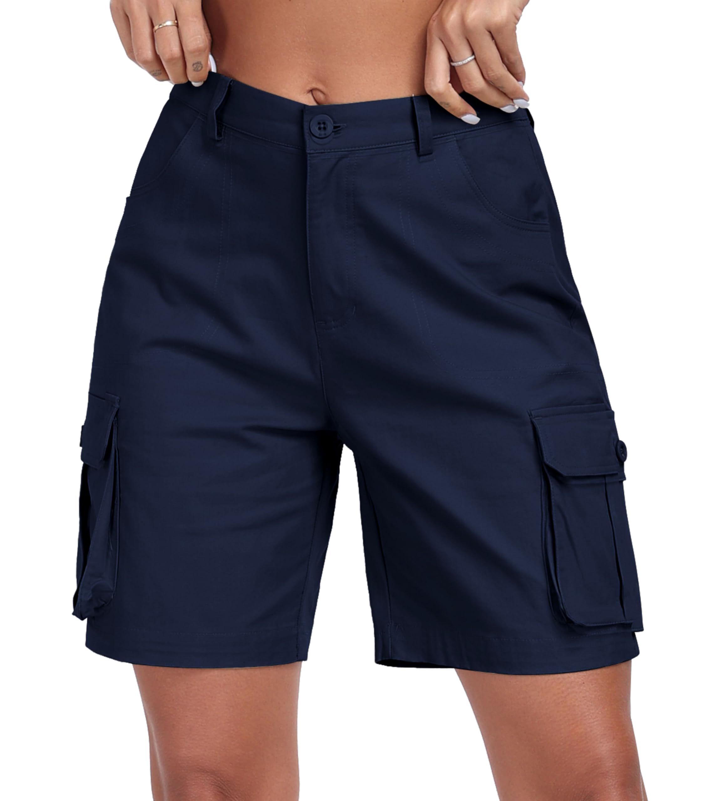 MoFiz Women's Cargo Shorts Bermuda Shorts Button Pockets Elastic Waist Knee Length Long Hiking Casual Shorts for Summer
