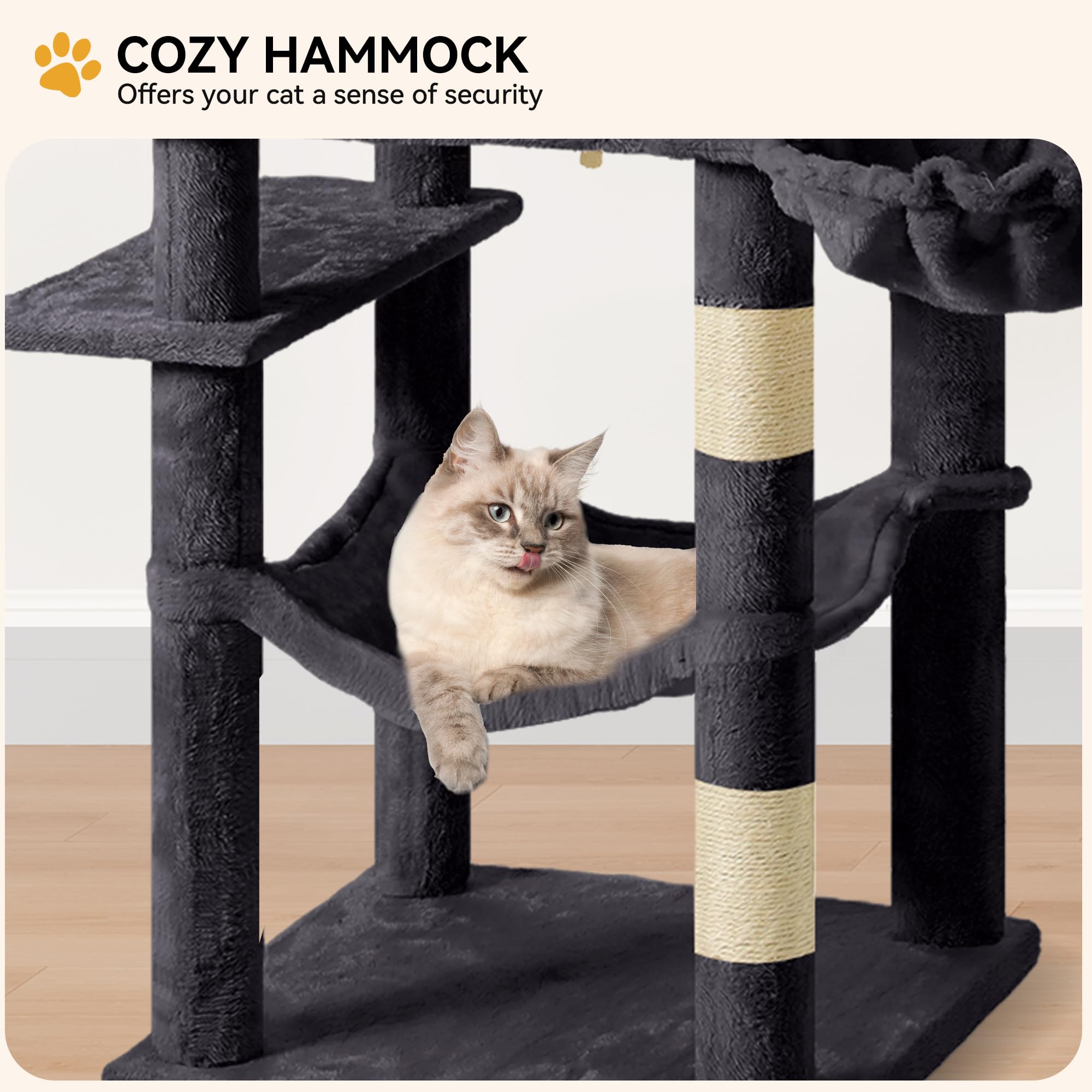 YITAHOME 44in Multi-Level Cat Tree for Indoor Kittens, Cat Furniture with Scratch Posts, Window Padded Plush Perch, Comfortable Hammock, and Interactive Pompoms, Beige