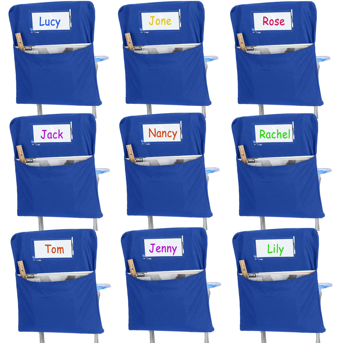 Maitys 24 Pcs Chair Pockets for Classrooms 17 x 20 Inches Student Chair Bag Chairback with Name Tag for Keeping Student Book School Table Organized