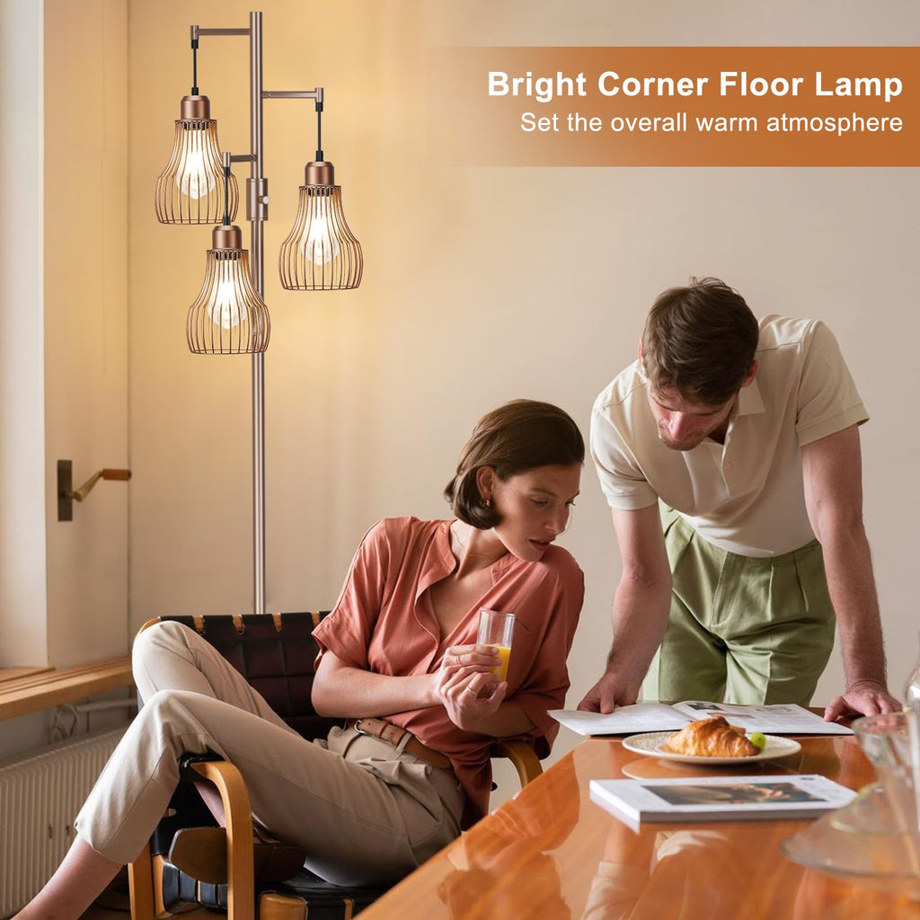 Ziisee Dimmable Floor Lamps for Living Room, Industrial Tree Standing Tall Lamps with 3 Elegant Cage Shade & 800 Lumens LED Bulbs for Bedroom Office - Brown