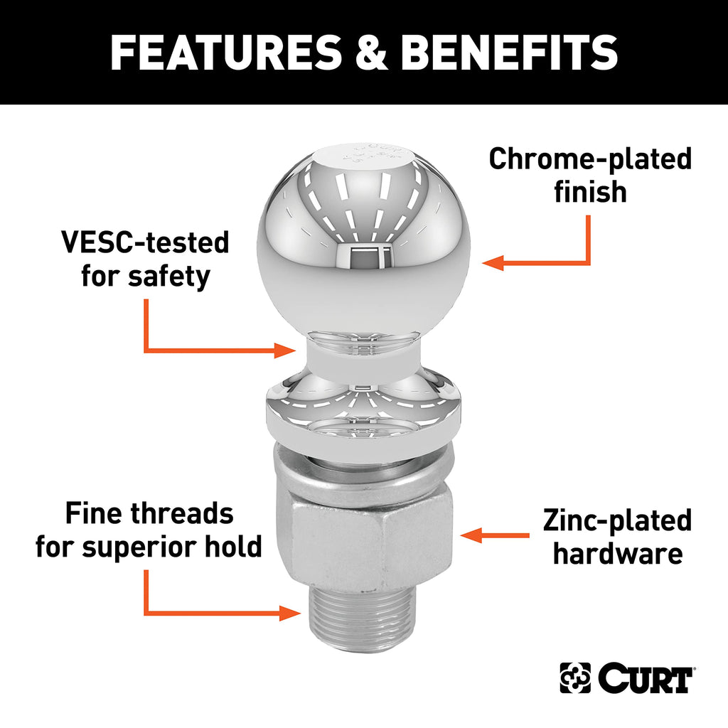 CURT 40003 Chrome Trailer Hitch Ball, 3,500 lbs, 2-Inch Diameter, 3/4 x 1-3/4-Inch Shank , Universal Fit