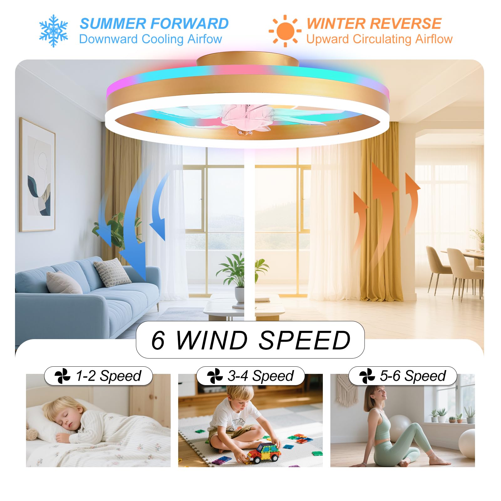 16 Inch RGB Low Profile Ceiling Fans with Lights, Modern Flush Mount Fandelier Chandelier Fixture, Remote & APP Control, Black LED Ceiling Fan Light for Bedroom, Living Room, Kitchen Indoor