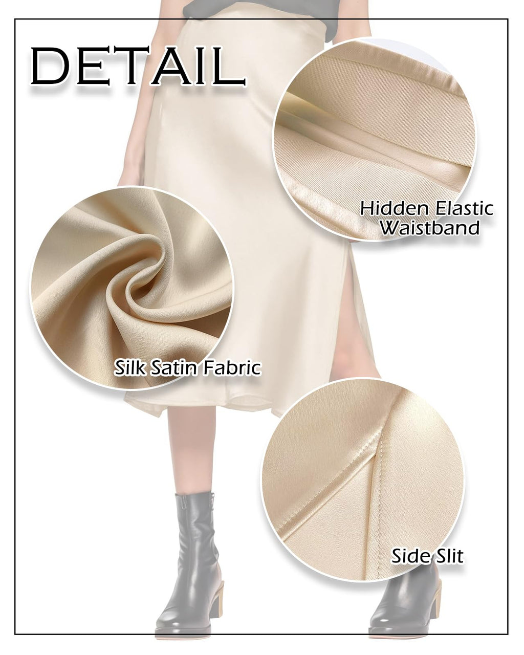 Amy Babe Womens Satin Silk High Waist Slit Midi Skirt Elastic Waistband Midi Skirts for Women