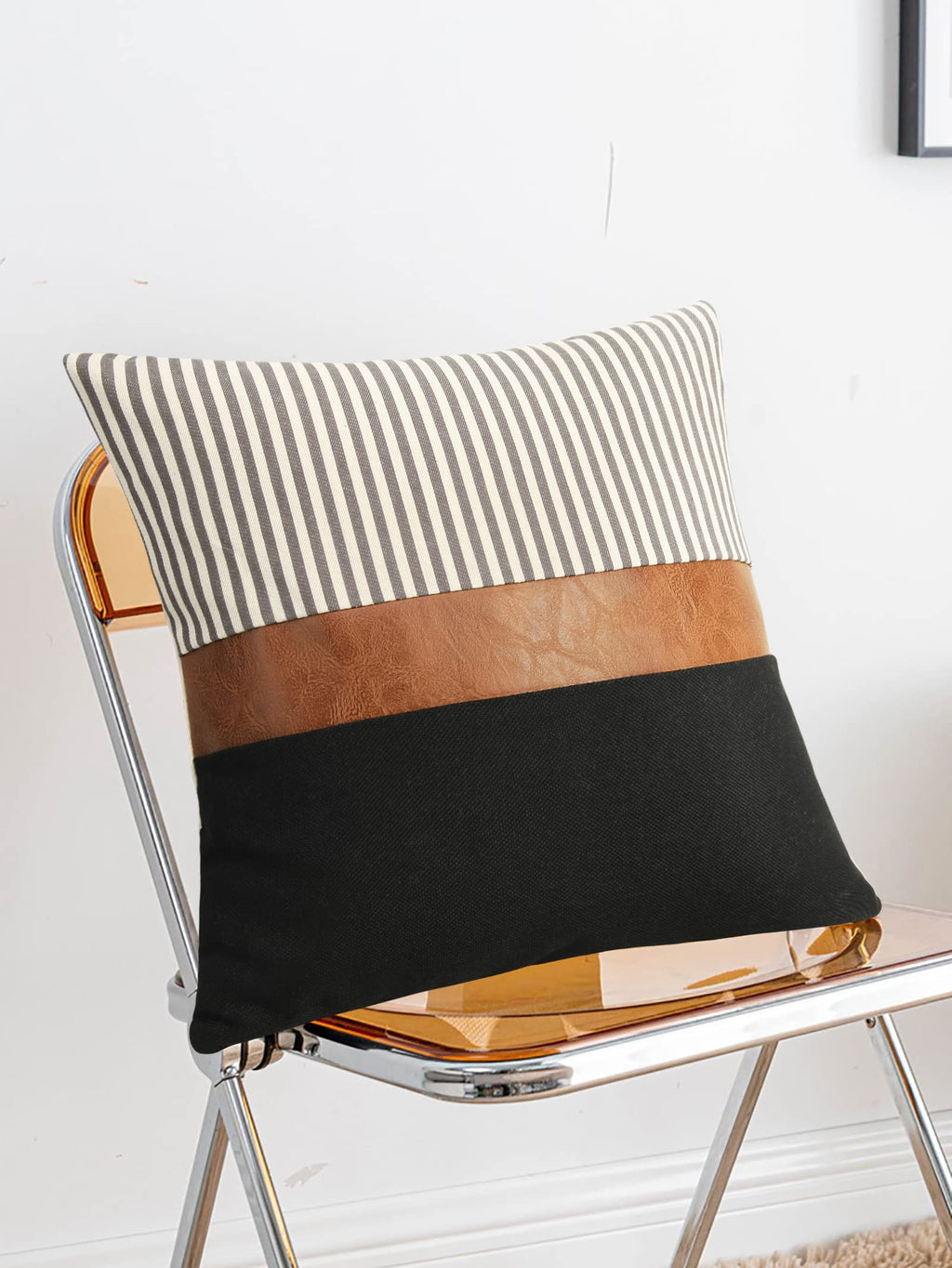 16x16 inch Pillow Covers Set of 2 Farmhouse Decor Stripe Patchwork Linen Throw Pillow Covers Modern Faux Leather Covers for Couch Sofa,Black