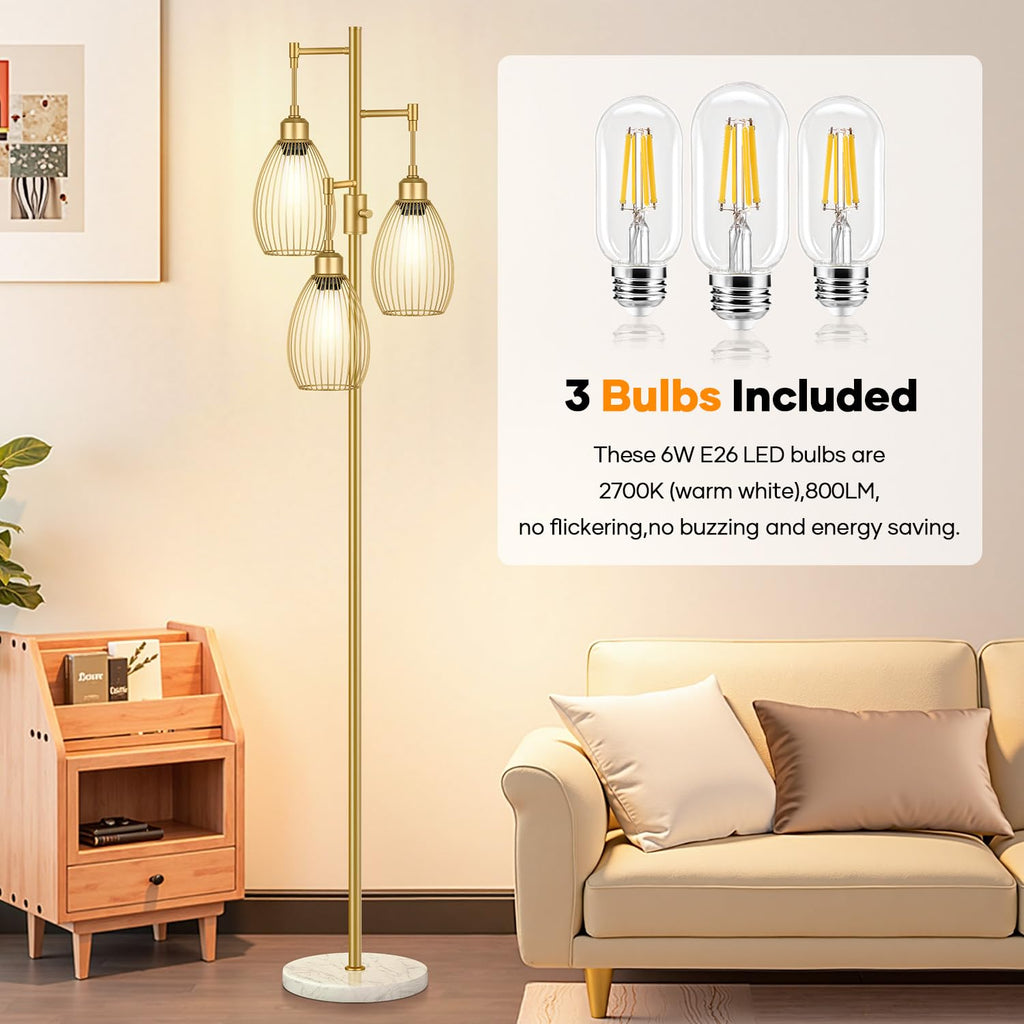 Dimmable Floor Lamp, 3 x 800LM LED Edison Bulbs Included, Farmhouse Industrial Floor Lamp Standing Tree Lamp with Elegant Teardrop Cage Tall Lamps for Living Room Bedroom Office Dining Room-Brass