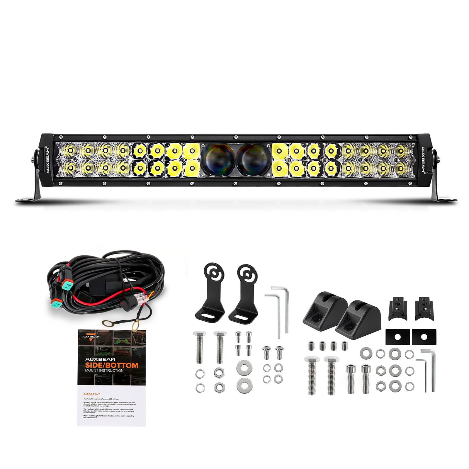 Auxbeam 12Inch Led Light Bar 100W 12000LM 5D Pro Lens Off Road Driving Light Spot Flood Combo Fog Light with 10FT Wiring Harness Kit (Professional Grade Outdoor Lighting Source P8 LED)