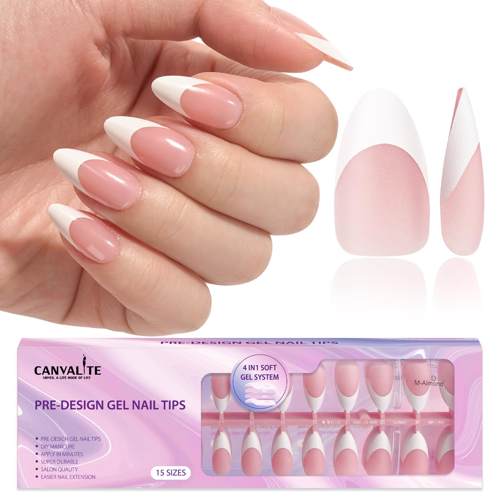 Canvalite French Tip Press on Nails Gel Nail Tips - 300Pcs Pre-Colored Quick and Easy Press on Nails Almond Fake Nails with Designs DIY Nail Extensions, Nude White