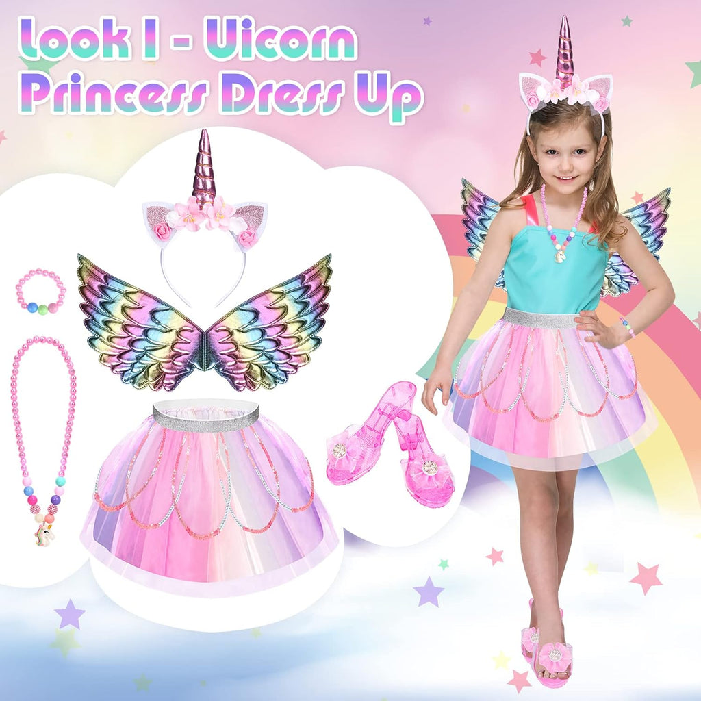 Princess Dress Up for Girls 3-6, Toddler Dress Up Clothes, Unicorn & Flower Hairbands, Princess Shoes Toy, Tutu, Wings, Jewelry, Pretend Play Toddler Girl Toys for Halloween Christmas Birthday Gifts