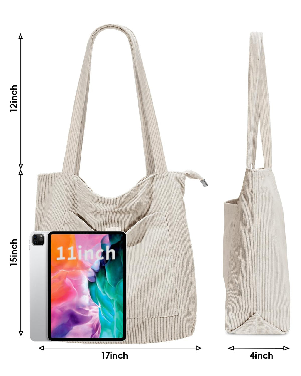 Iioscre Corduroy Tote Bag for Women,Hobo HandBags with Zipper,Large Capacity Casual Shoulder Handbags with Inner Pockets