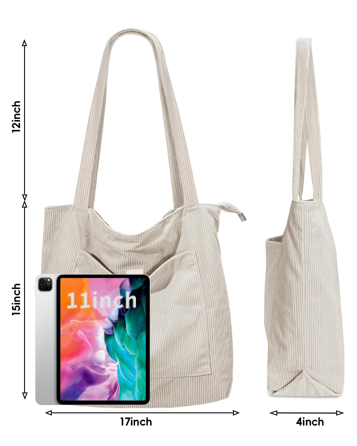 Iioscre Corduroy Tote Bag for Women,Hobo HandBags with Zipper,Large Capacity Casual Shoulder Handbags with Inner Pockets