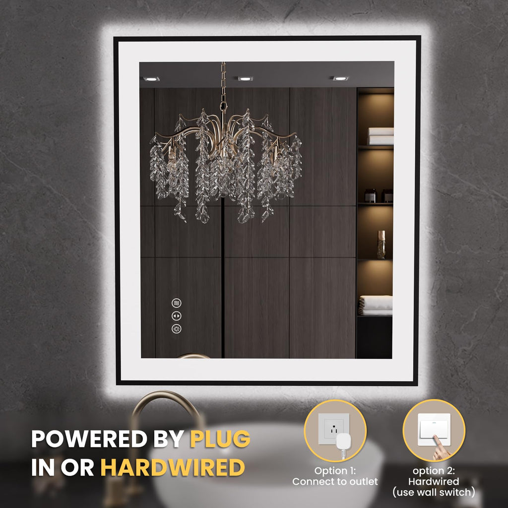 LOAAO 20"X28" LED Bathroom Mirror Black Framed | Anti-Fog, Dimmable, Memory Function, Tempered Glass, Lighted Vanity Mirror for Wall