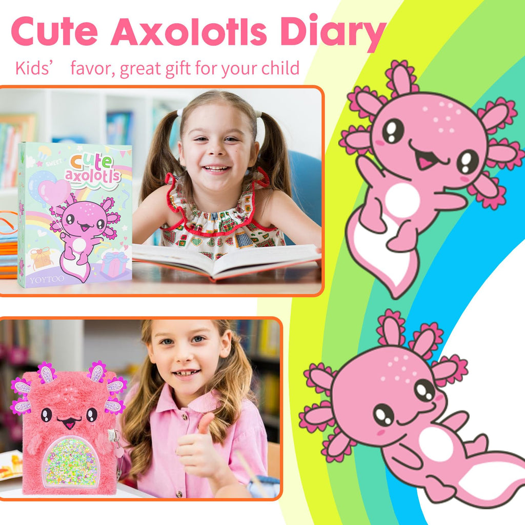 Axolotl Diary for Girls with Lock, Plush Axolotl Toys Gift for Teen Girls, Kids Writing Journal Notebook, Birthday Gifts for Little Girls Ages 5 6 7 8 9 10-12 Year Old