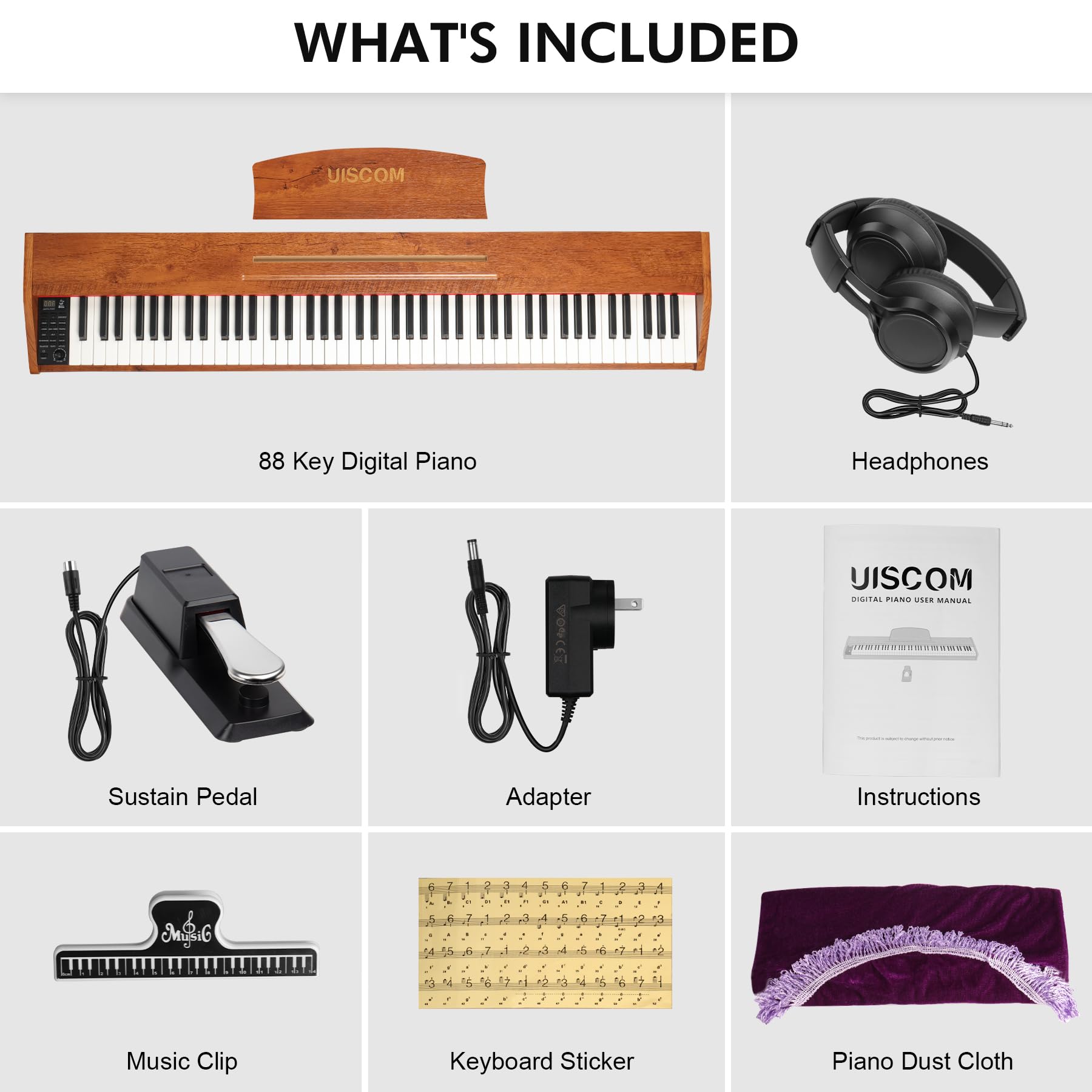 UISCOM Digital Piano Keyboard for Beginners, Full Size 88 Key Semi-Weighted Keyboard Electric Piano with Stand,Power Adapter,Sheet Music Stand,Pedal,Headphone,USB-MIDI Compatible,Wood Grain Apricot