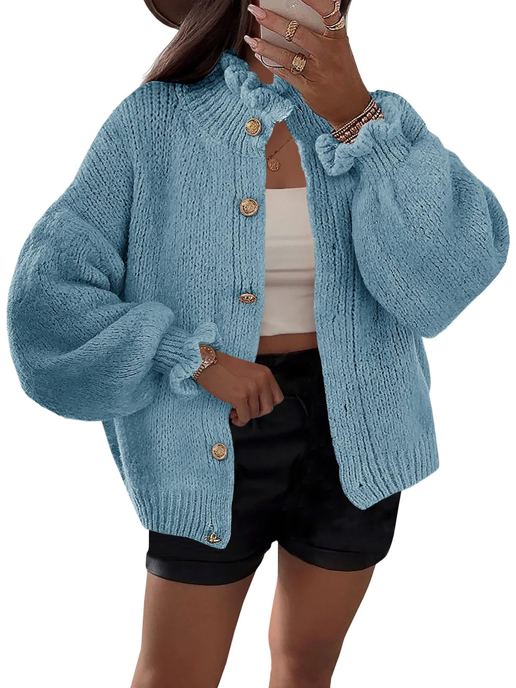 Saodimallsu Womens Ruffle Cardigan Oversized Button Up Fall Trendy Ribbed Knit Open Front Long Sleeve Loose Cute Sweater