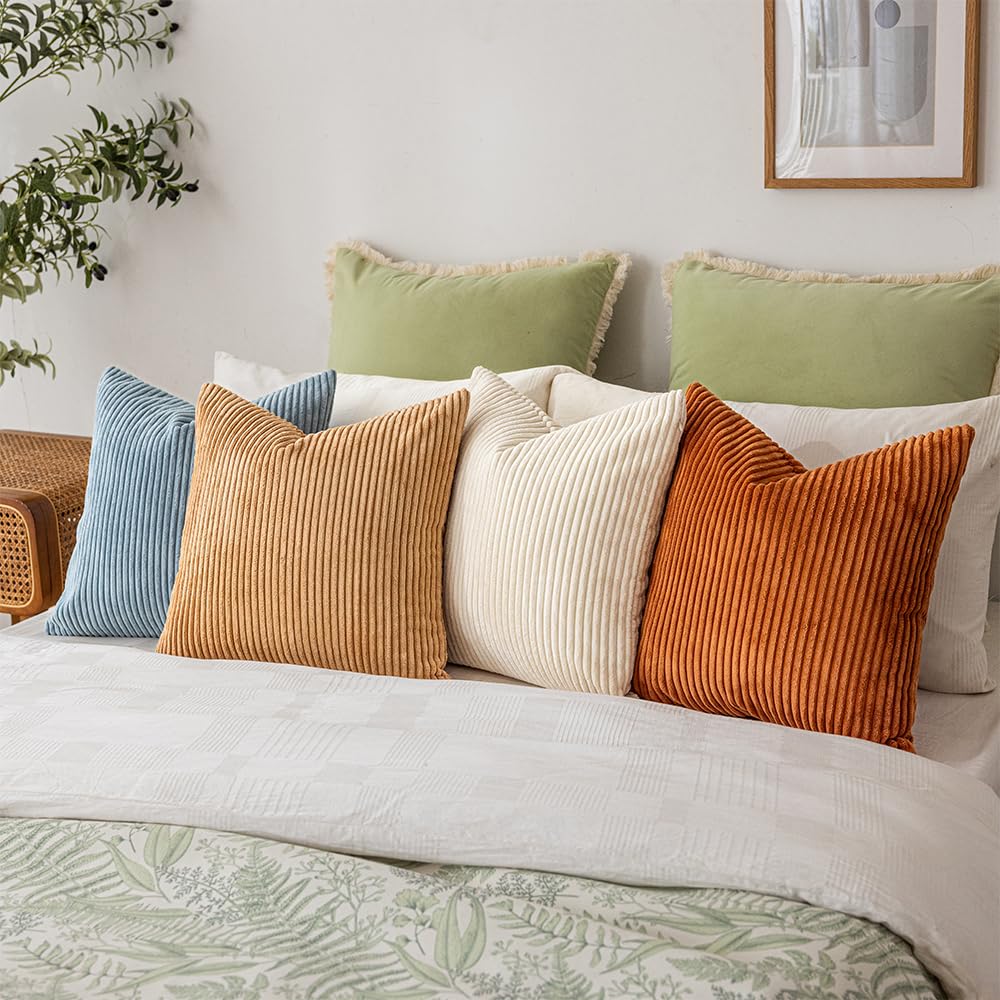 LANANAS Neutral Couch Throw Pillow Covers 18x18 Inch Set of 4 Decorative Farmhouse Boho Throw Pillows for Living Room, Couch, Bed, Sofa Soft Corduroy Accent Home Decor (Blue Ocean, 18x18 Inch)