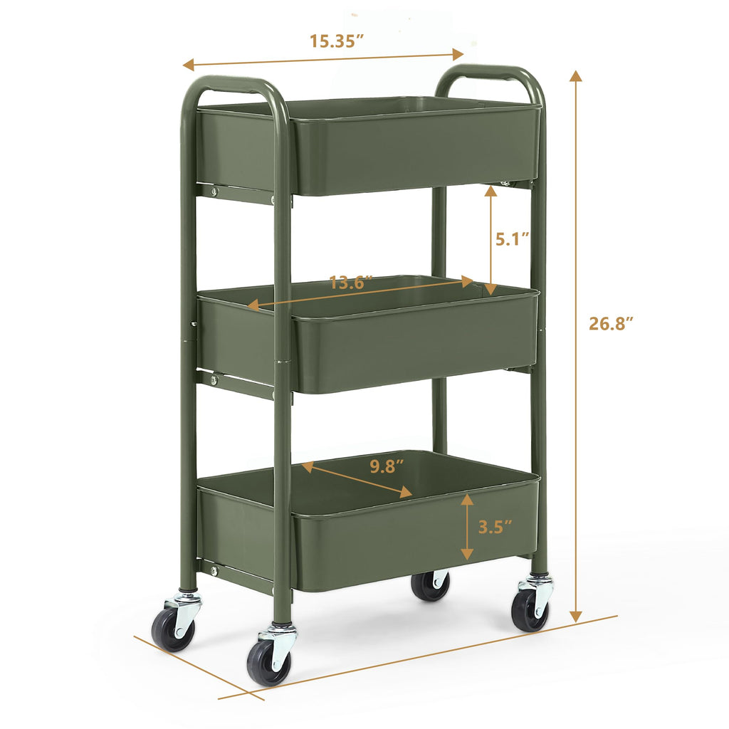 SunnyPoint 3-Tier Delicate Compact Rolling Metal Storage Organizer - Mobile Utility Cart Kitchen/Under Desk Cart with Caster Wheels - Army (15.35" X 10.24" X 26.8"H)